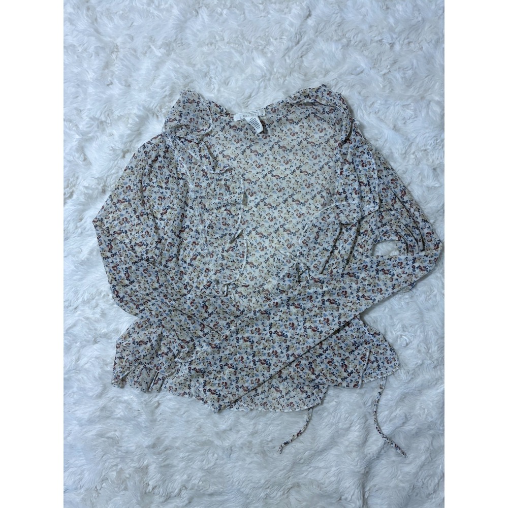 Full Tilt Womens Floral Mesh Wrap Top Long Sleeve Ruffle Sheer Blouse Medium